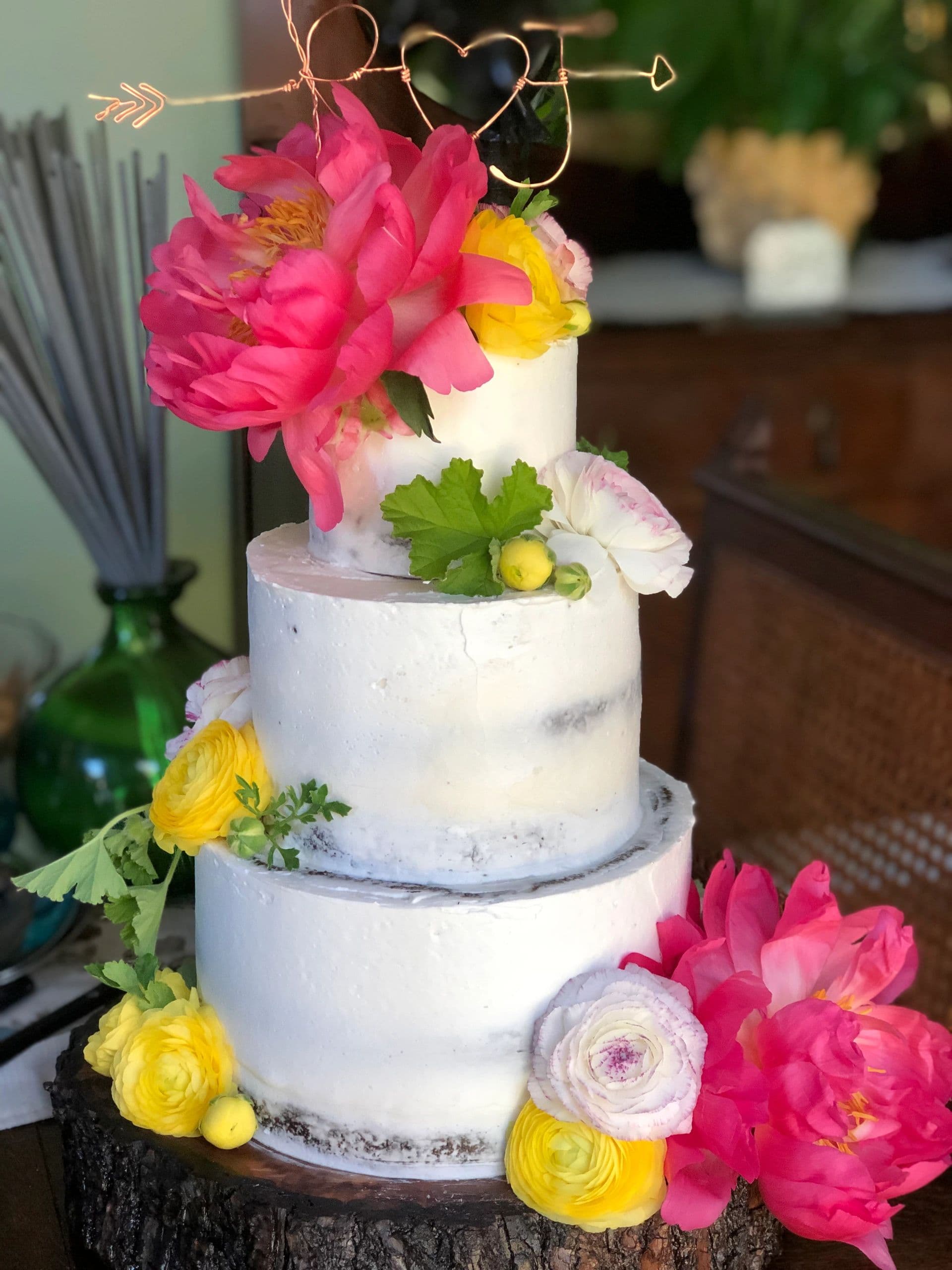 Semi-naked white cake with pink peonies